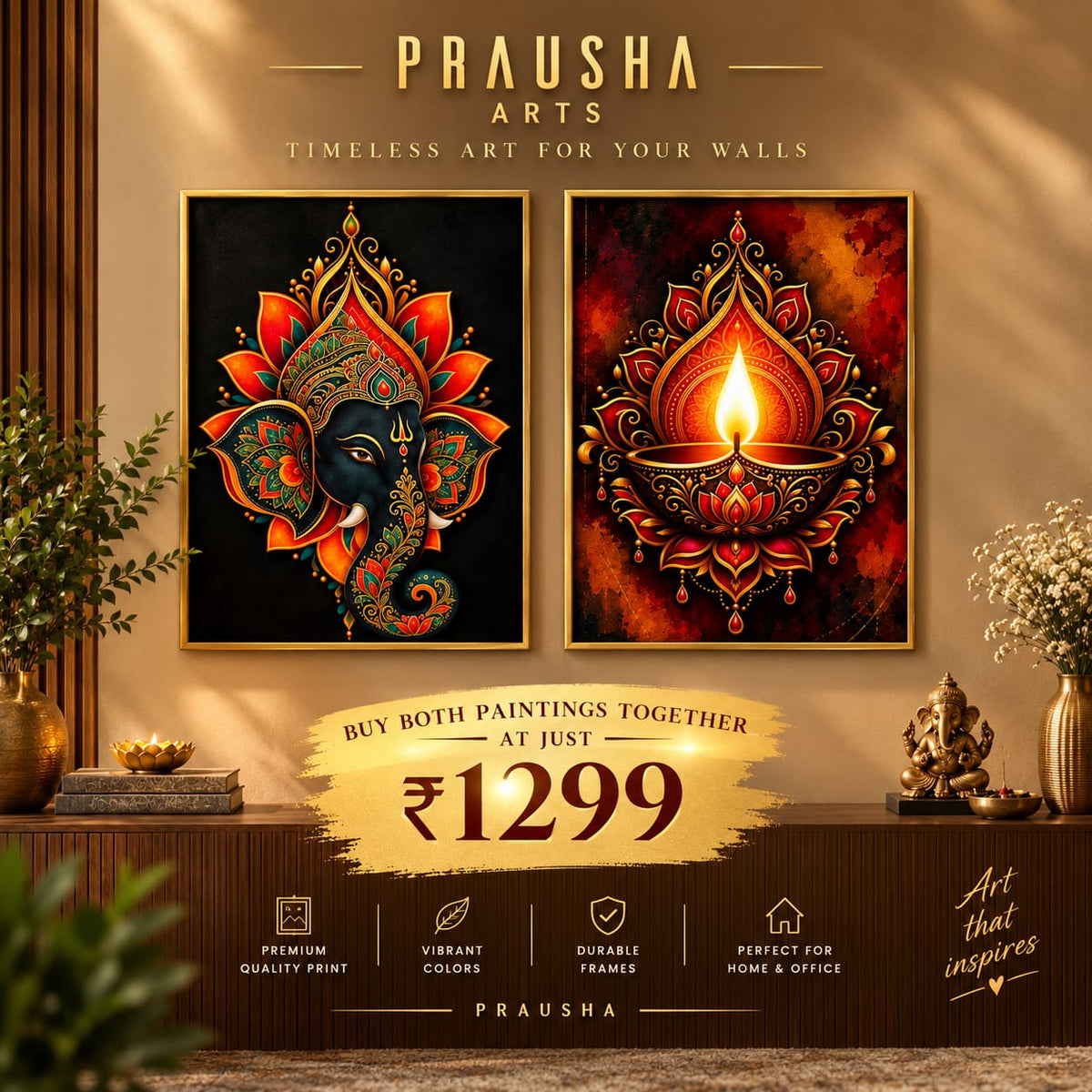 Elegant Diwali Paintings with golden frames TOGETHER